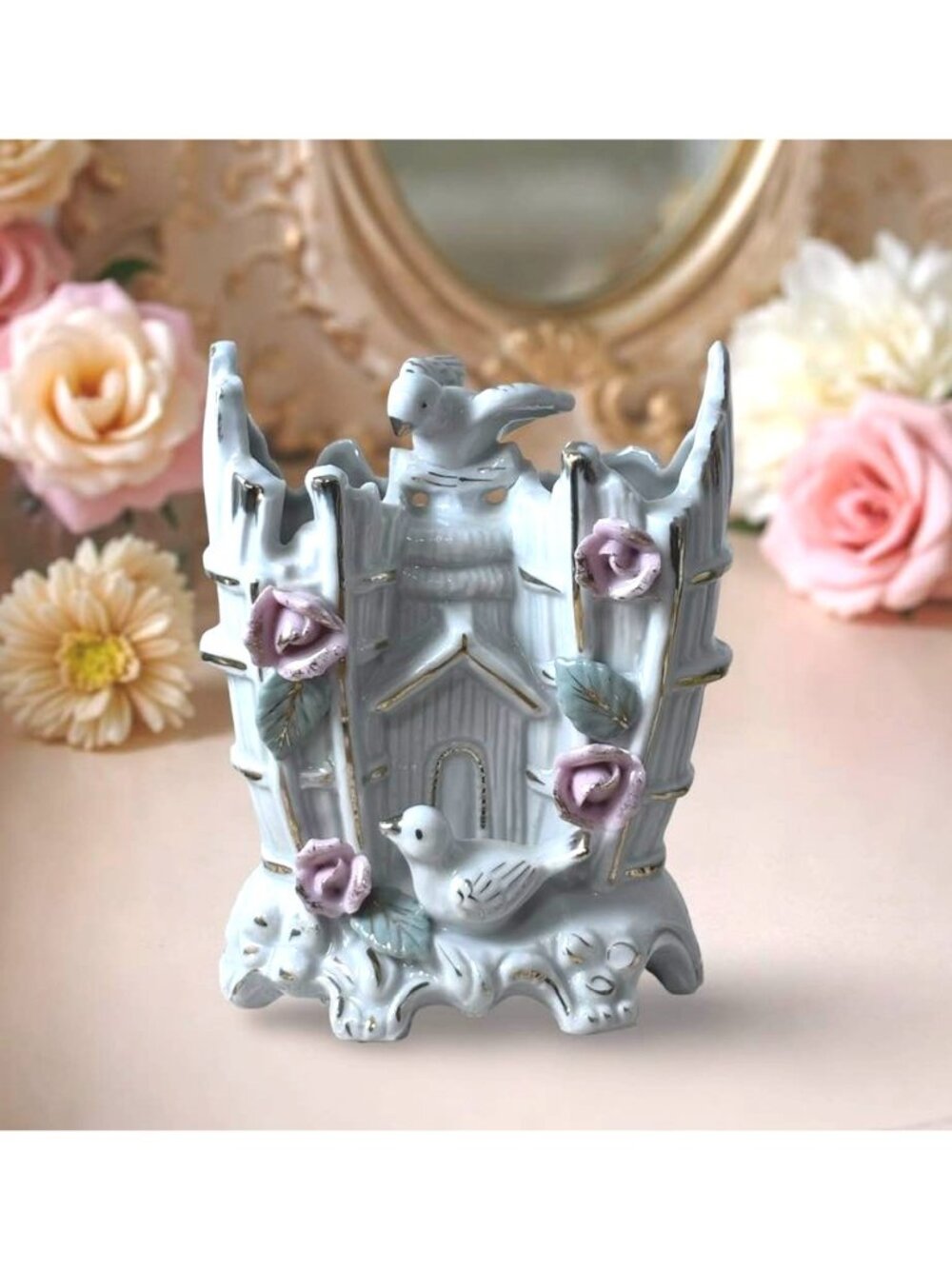 Vintage Bone China Birdhouse Small 2 Hole Vase With Birds & Pink Rose Accents - - Picture 2 of 7